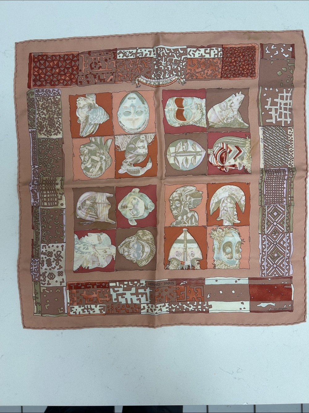 Silk Scarf with Mask Motif in Terracotta and Beige